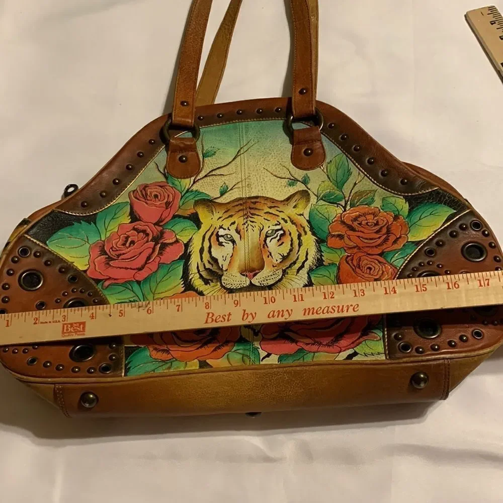 Anuschka RARE tiger & roses large hand painted shoulder bag.  EUC - Picture 4 of 12
